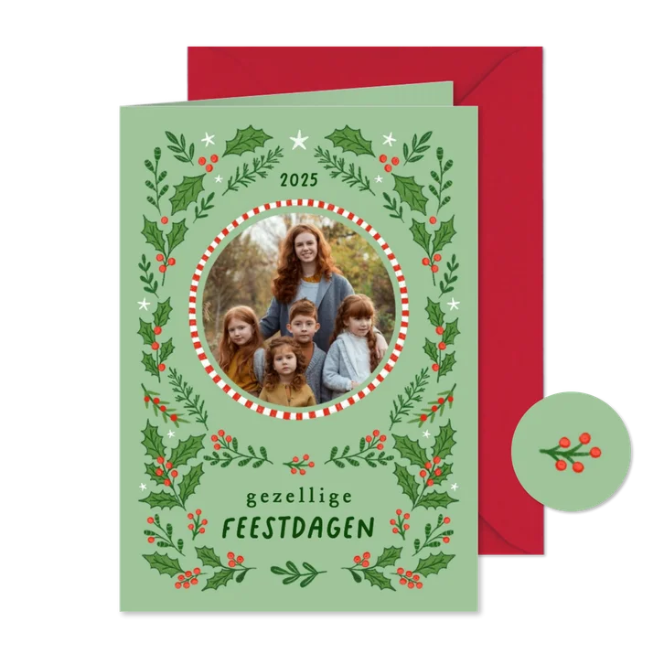 Kerstkaart fotokaart hulst besjes lichtgroen