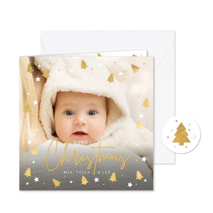 Kerstkaart fotokaart met eigen foto en gouden kerstboompjes