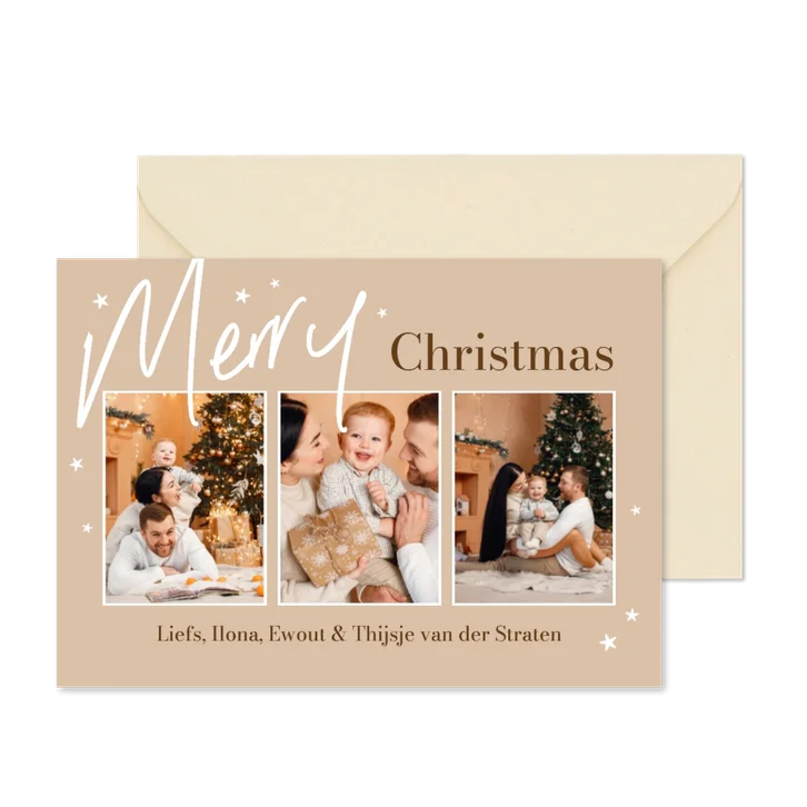 Kerstkaart fotokaart sterren beige foto's merry christmas
