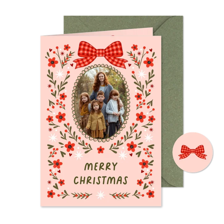 Kerstkaart fotokaart strik bloemen rood roze