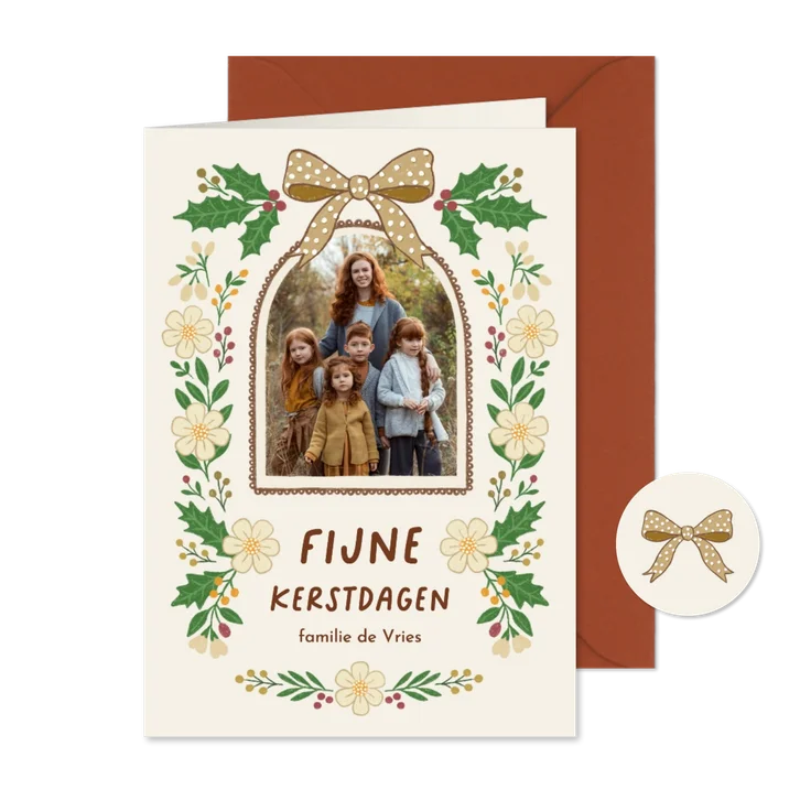 Kerstkaart fotokaart strik hulst besjes groen geel 