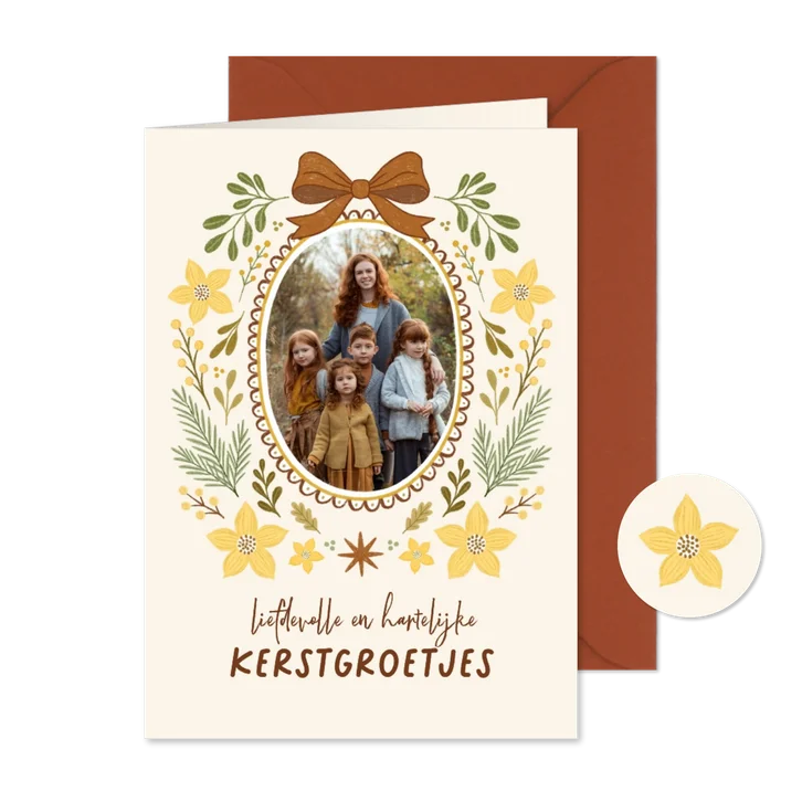 Kerstkaart fotokaart strik vintage bloemen geel