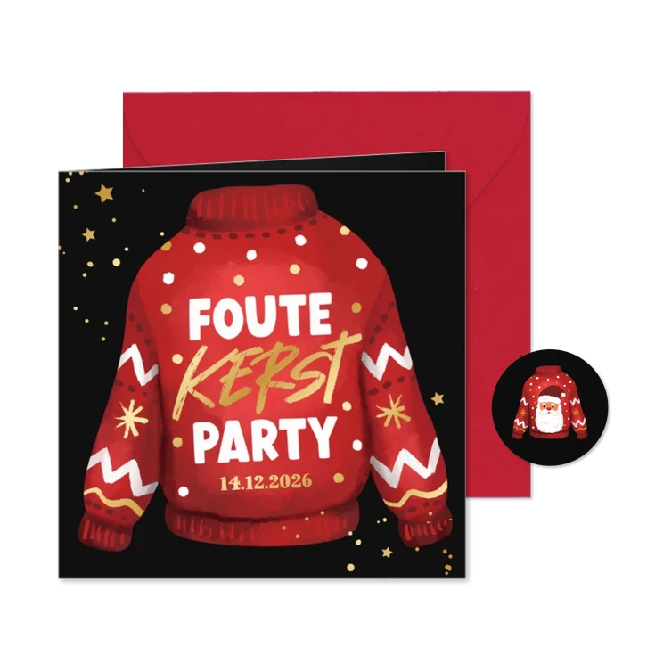 Kerstkaart foute kerst party uitnodiging kersttrui goud