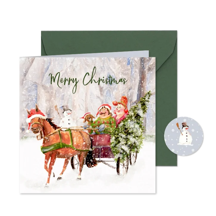 Kerstkaart gezellig samen in de arreslee