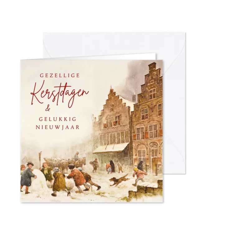 Kerstkaart gezellig winters tafereel