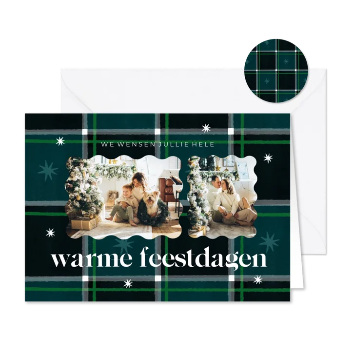 Kerstkaart gezellige feestdagen plaid patroon blauw groen