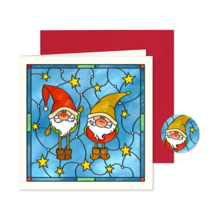 Kerstkaart glas-in-lood kabouters