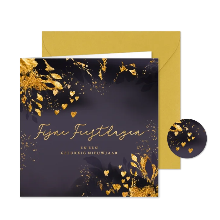 Kerstkaart goud paarse dennentakken