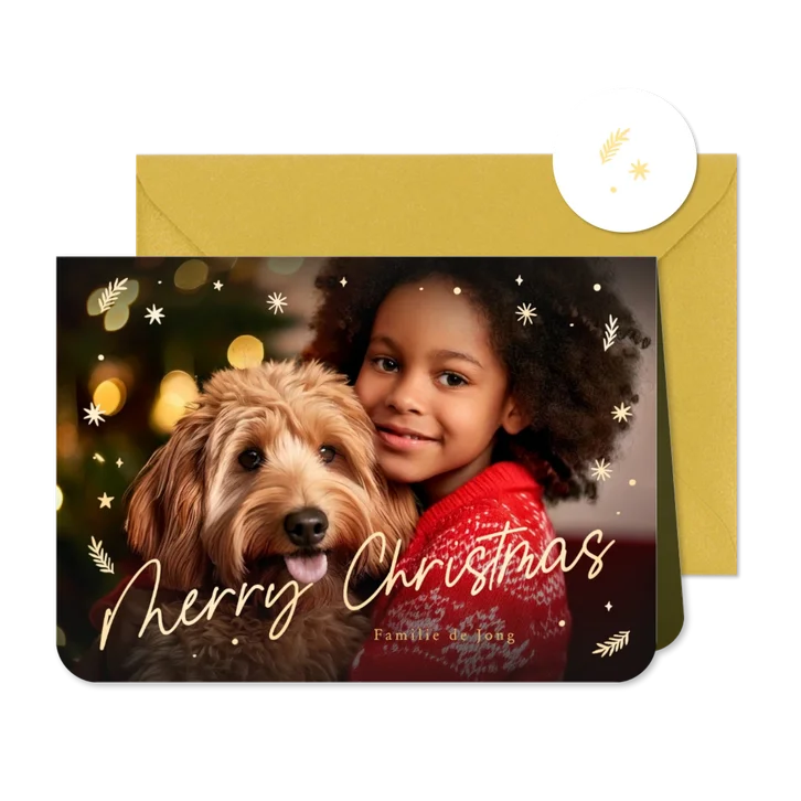 Kerstkaart gouden sterren en grote eigen foto