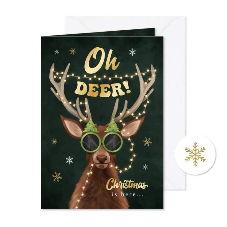 Kerstkaart grappig rendier lampjes oh deer sneeuw