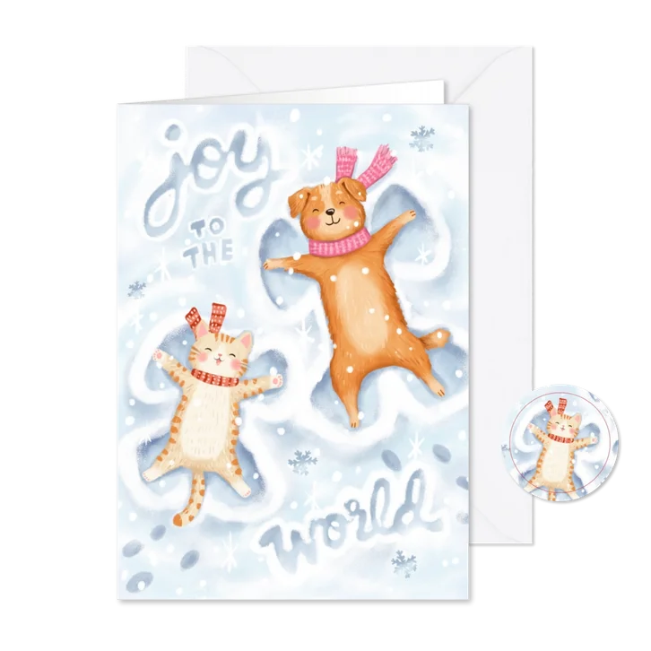 Kerstkaart grappig sneeuw hond kat joy to the world winter 