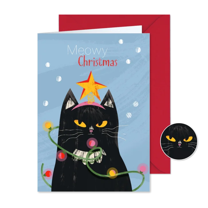 Kerstkaart grappige chagrijnige kerst kat