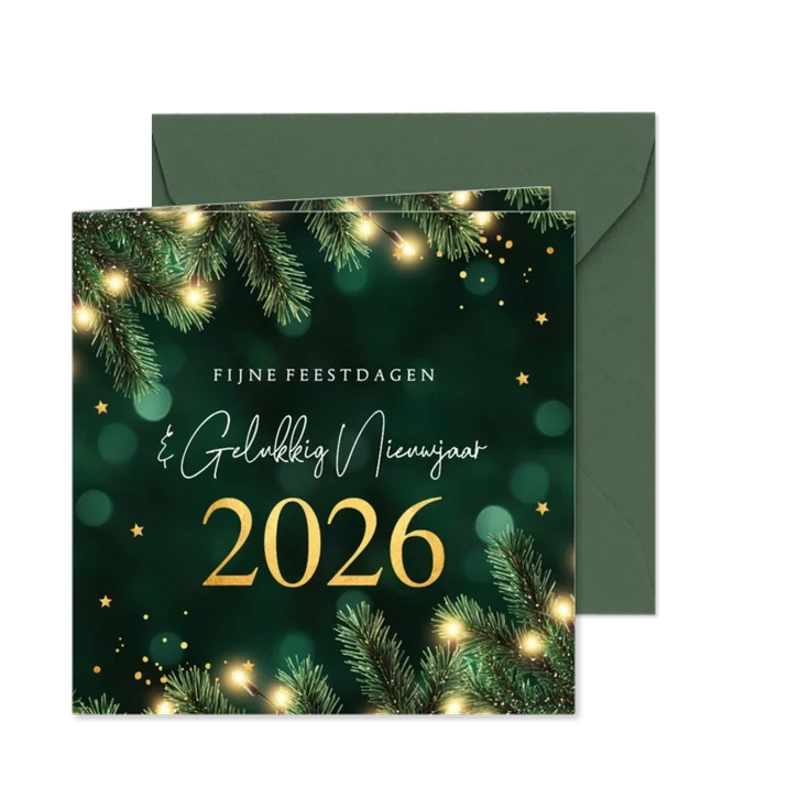 Kerstkaart groen kersttakken jaartal 2026 goudlook