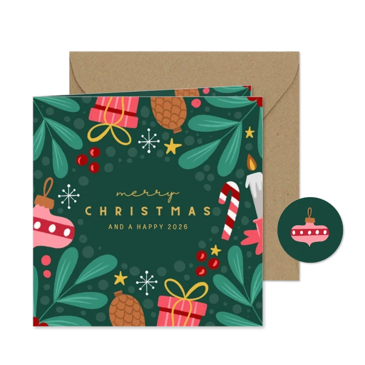 Kerstkaart groen met felle ornamenten vierkant