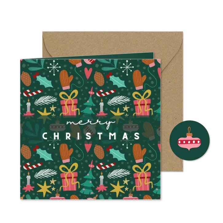 Kerstkaart groen met vrolijke ornamenten vierkant