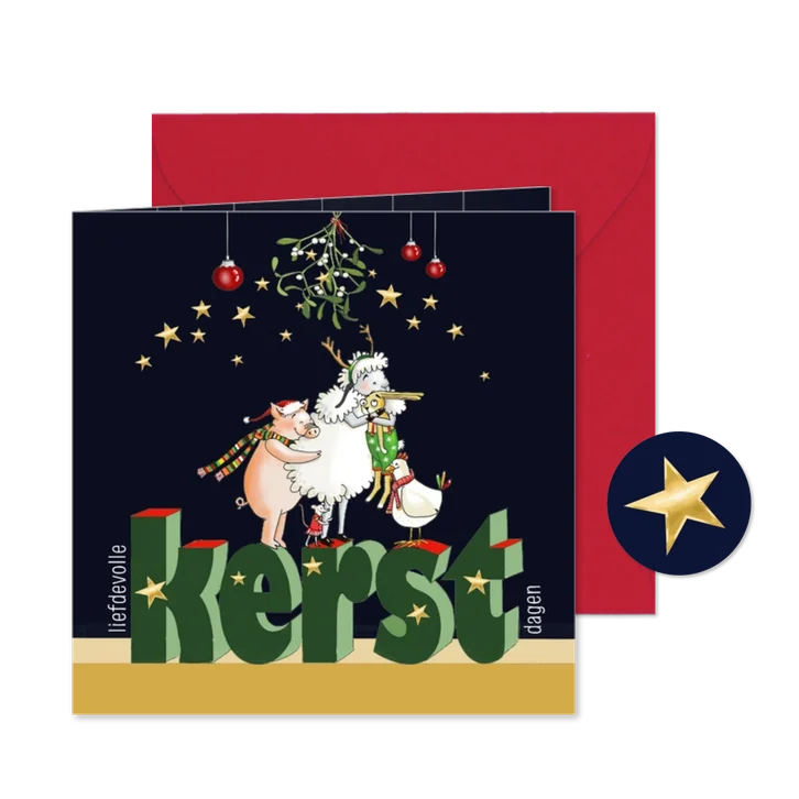 Kerstkaart groep dieren onder de mistletoe