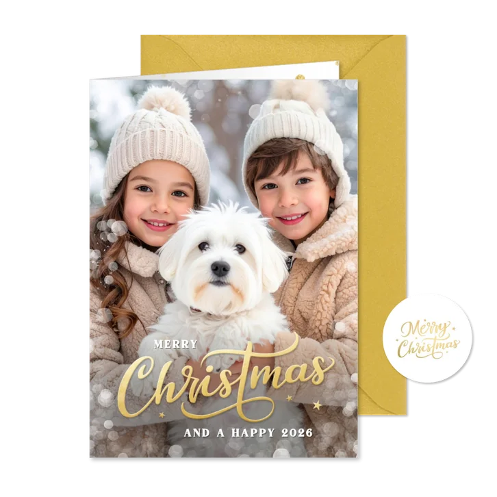 Kerstkaart grote eigen foto sneeuw kader en Merry Christmas