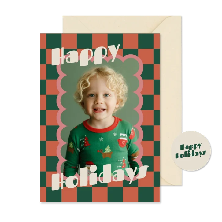 Kerstkaart happy holidays blokjespatroon hip