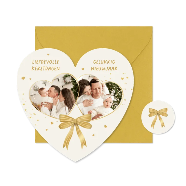 Kerstkaart hartvorm foto's strik hartjes liefdevol