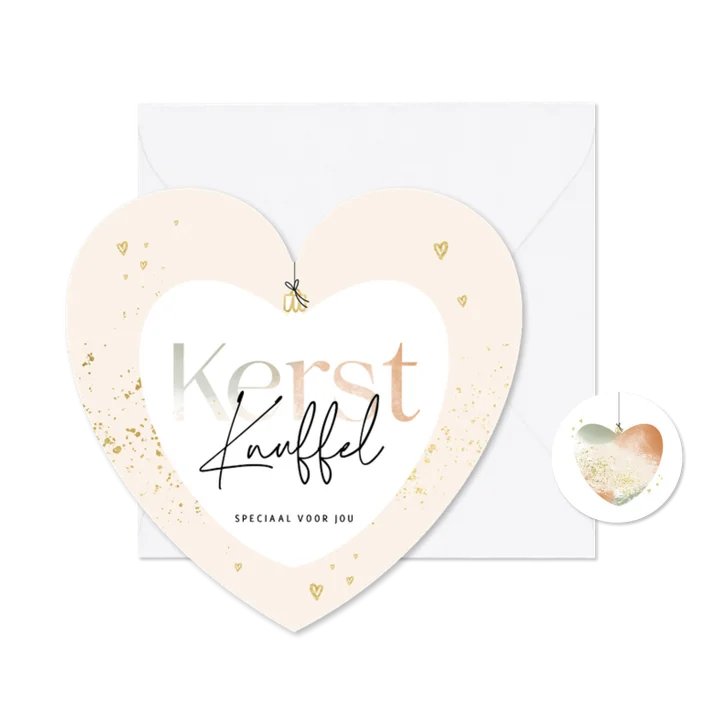 Kerstkaart hartvorm kerstknuffel gouden spetters
