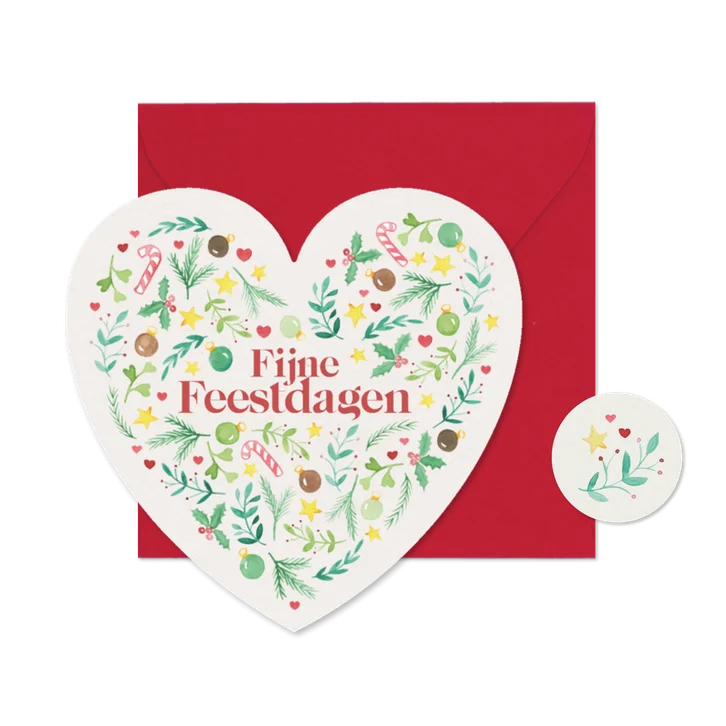 Kerstkaart hartvorm kerstsymbooltjes