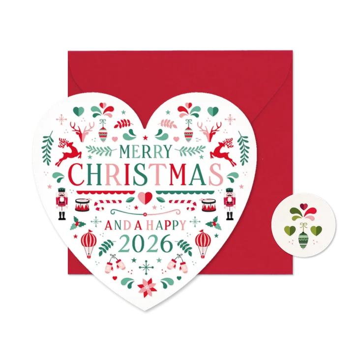 Kerstkaart hartvorm met Scandinavische kerst illustraties