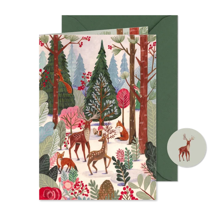  Kerstkaart hert en vos in het bos met sneeuw