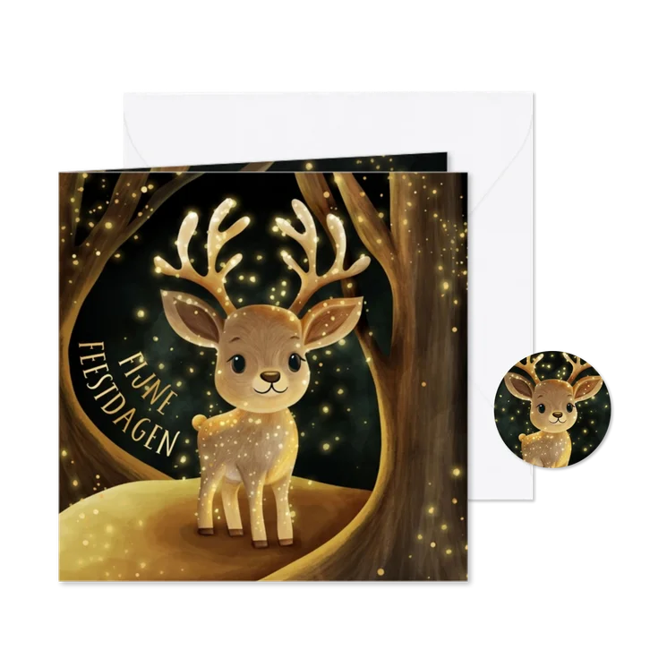 Kerstkaart hert in bos met sprankelende vuurvliegjes