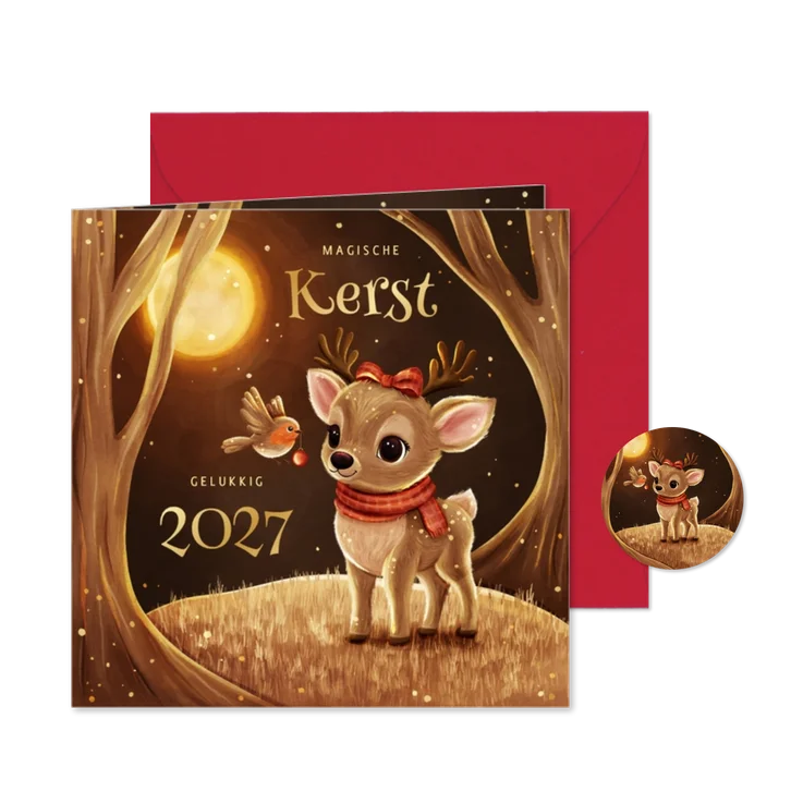 Kerstkaart hert met roodborstje in sprankelend bos