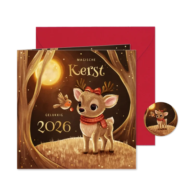 Kerstkaart hert met roodborstje in sprankelend bos