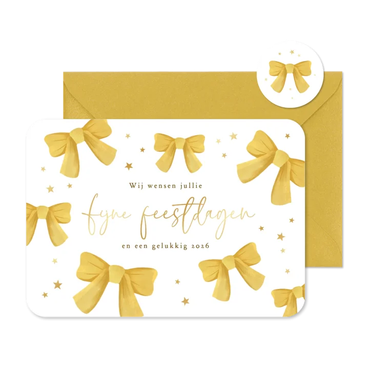 Kerstkaart hip strikjes sterren fijne feestdagen goud