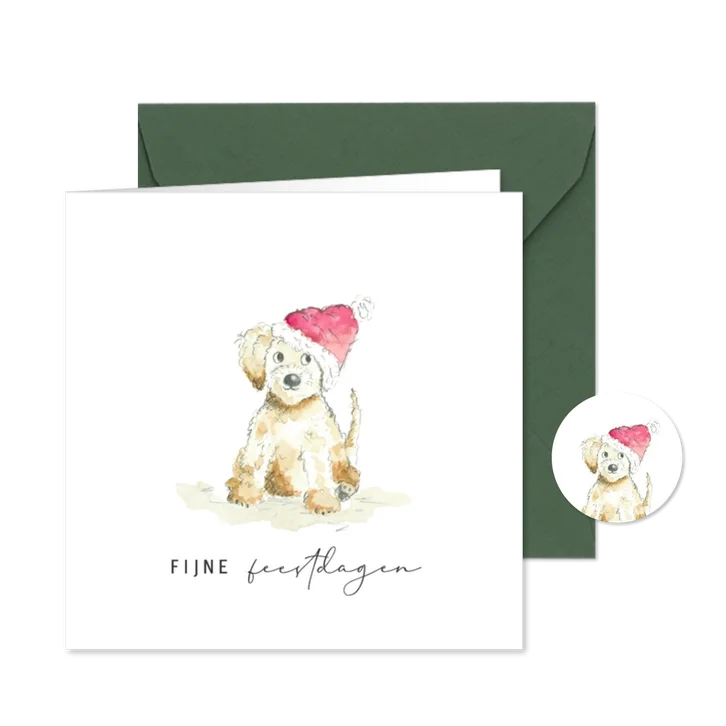 Kerstkaart - Hond met kerstmuts