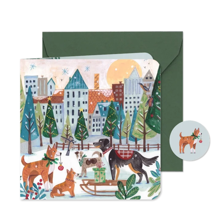 Kerstkaart honden in het park met kerstmis