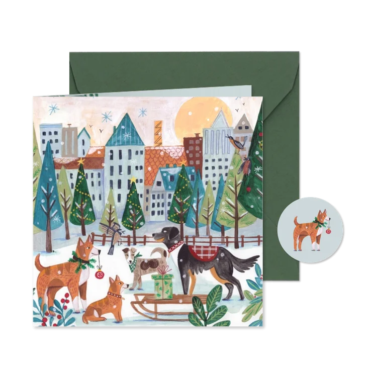 Kerstkaart honden in het park met kerstmis