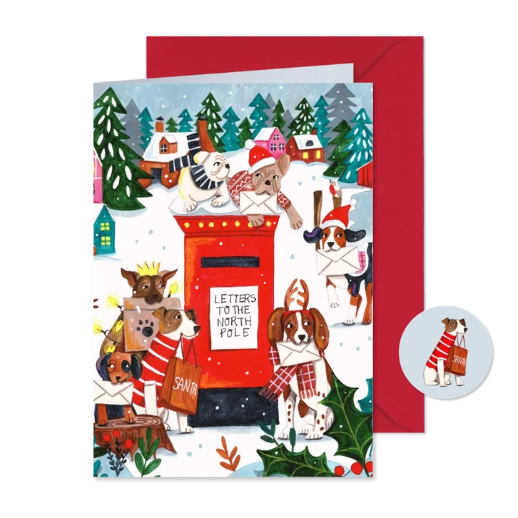 Kerstkaart honden kerstpost in kerstdorp