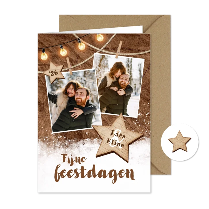 Kerstkaart hout foto sneeuw winter natuurlijk touw lampjes
