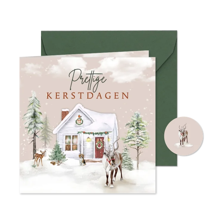 Kerstkaart huisje in winterlandschap met rendier