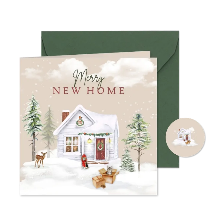 Kerstkaart huisjes in sneeuw voor verhuizen