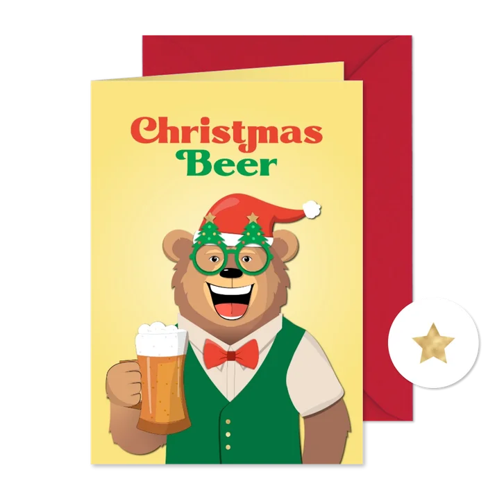 Kerstkaart humor vrolijk christmas beer kleur aanpasbaar