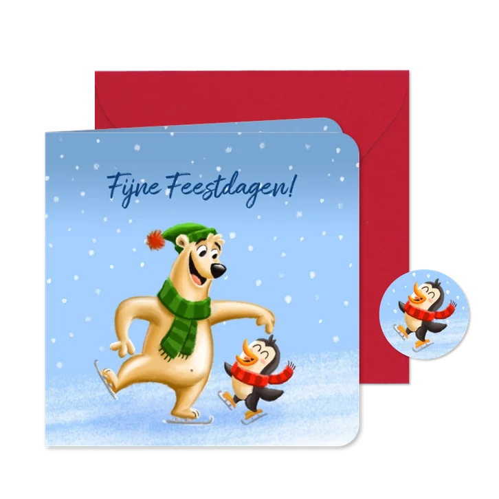 Kerstkaart ijsbeer en pinguïn schaatsen in de sneeuw