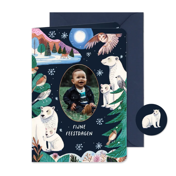 Kerstkaart ijsberen bij maanlicht op de noordpool