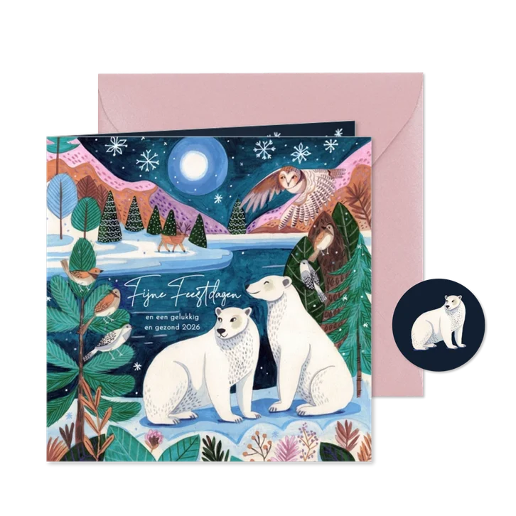 Kerstkaart ijsberen op de noordpool bij maanlicht