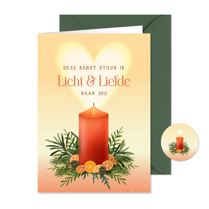 Kerstkaart illustratie brandende kaars met lichtgevend hart