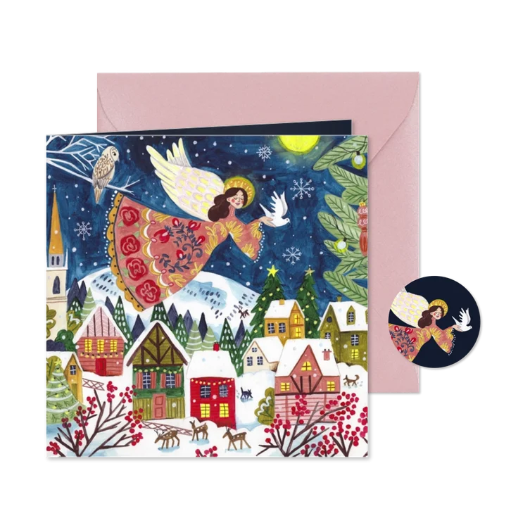 Kerstkaart illustratie kerstengel in de sneeuw