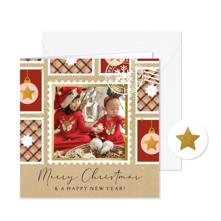 Kerstkaart illustratie postzegels stempel foto sterren goud