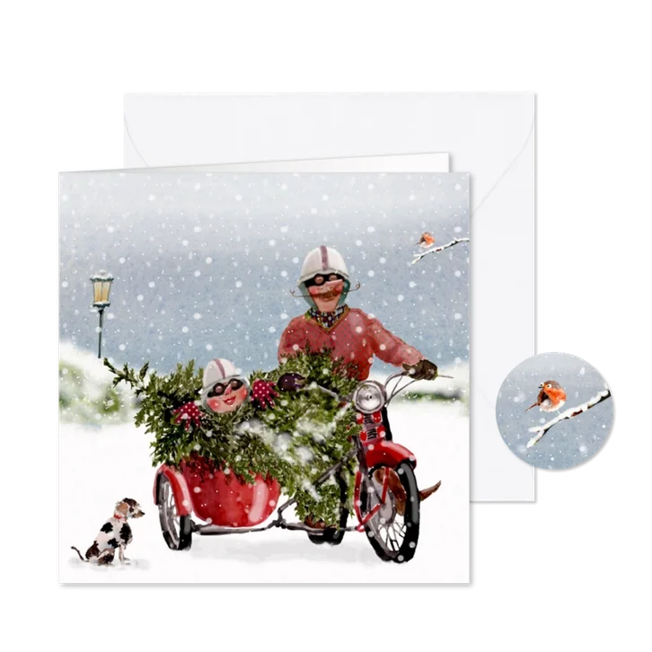 Kerstkaart in het zijspan met de kerstboom