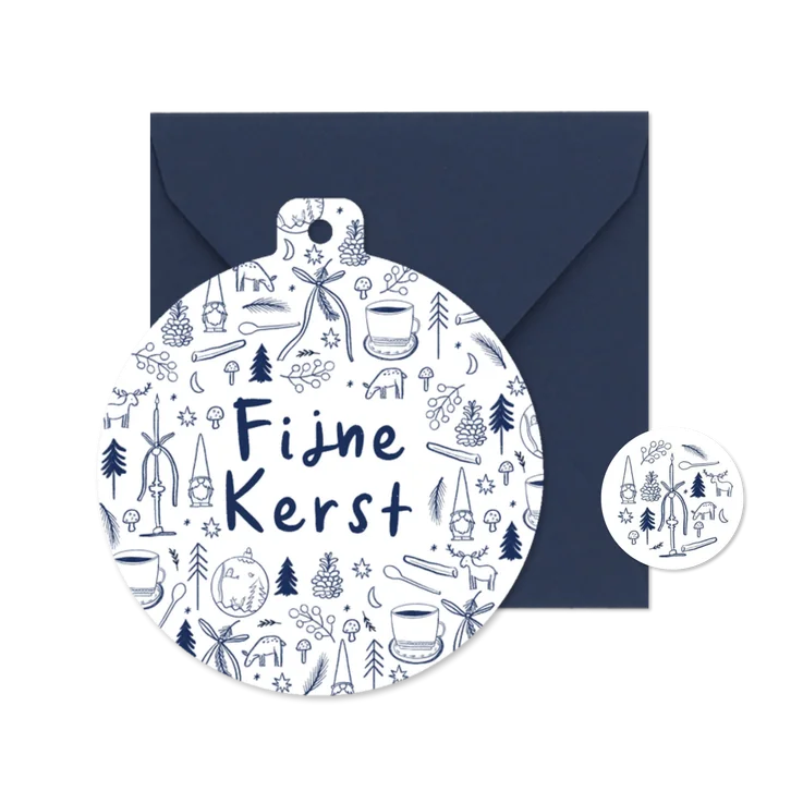 Kerstkaart in kerstbalvorm blauwe tekeningen fijne kerst