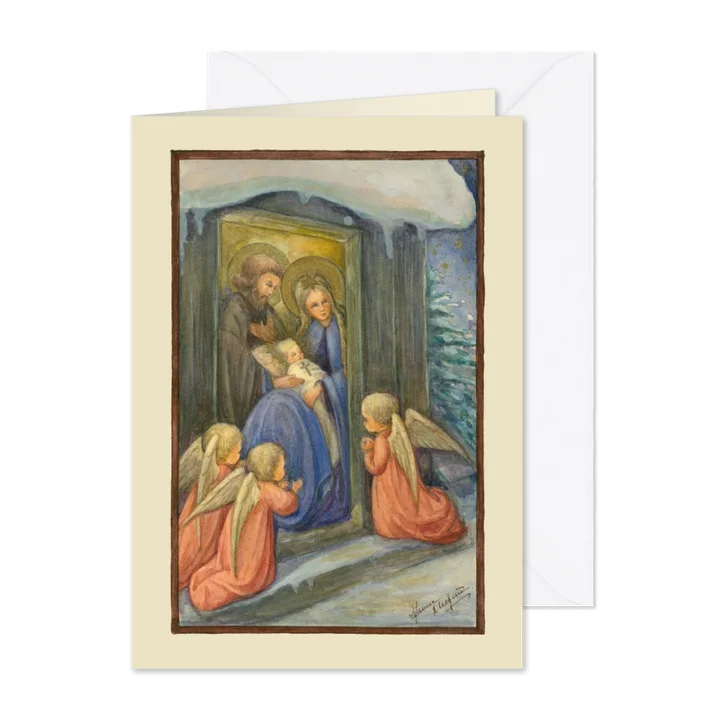 Kerstkaart Jezus Maria Jozef engelen