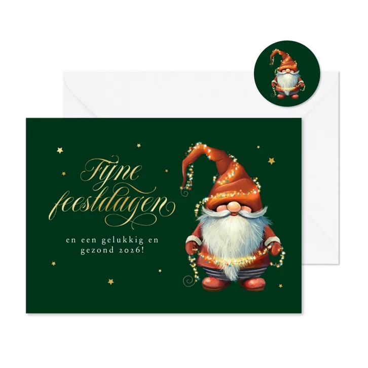 Kerstkaart kabouter lichtjes grappige illustratie