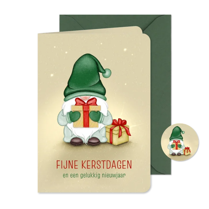 Kerstkaart kabouter met cadeautjes